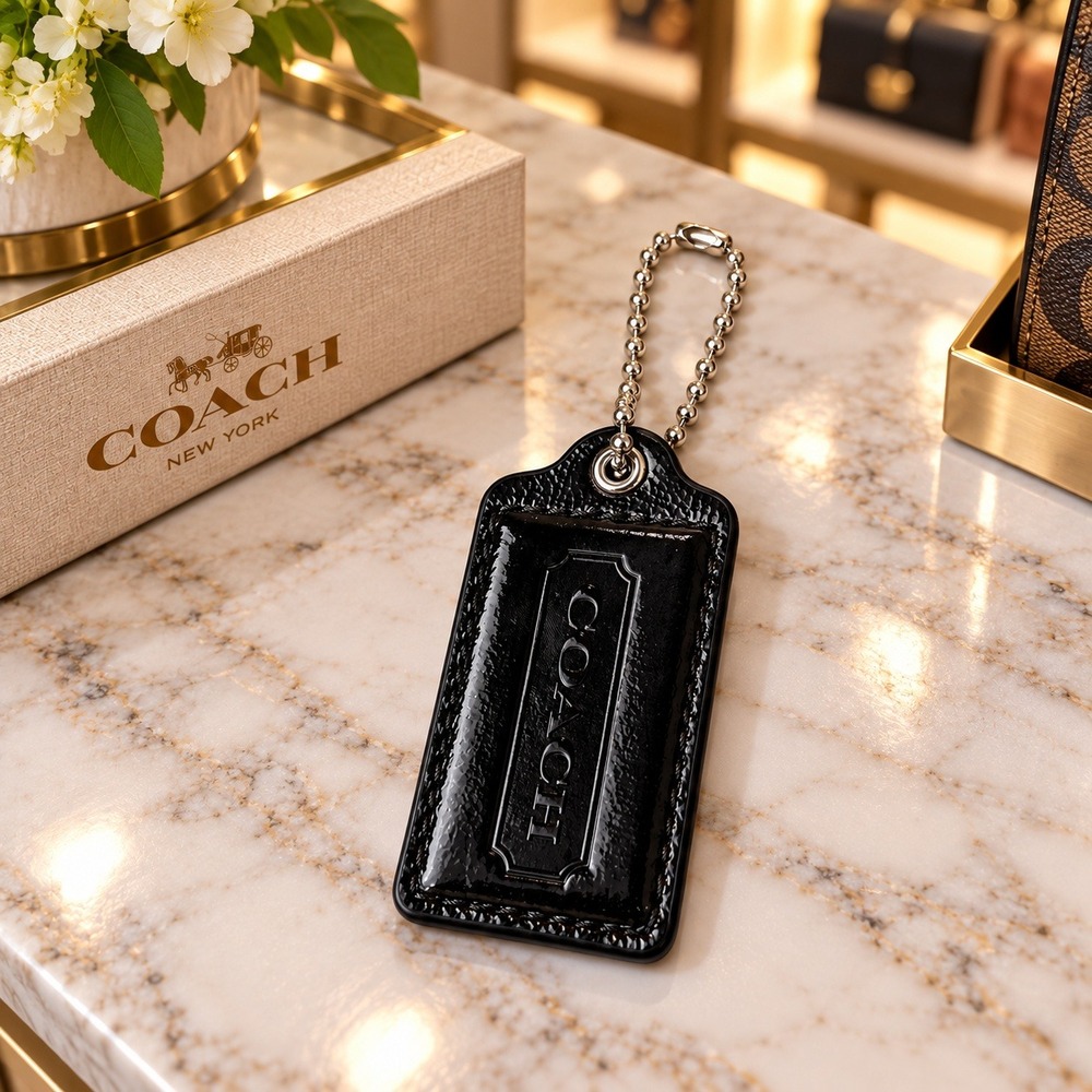 Coach Black Patent Leather Hangtag Replacement Bag Charm Silver Chain Large